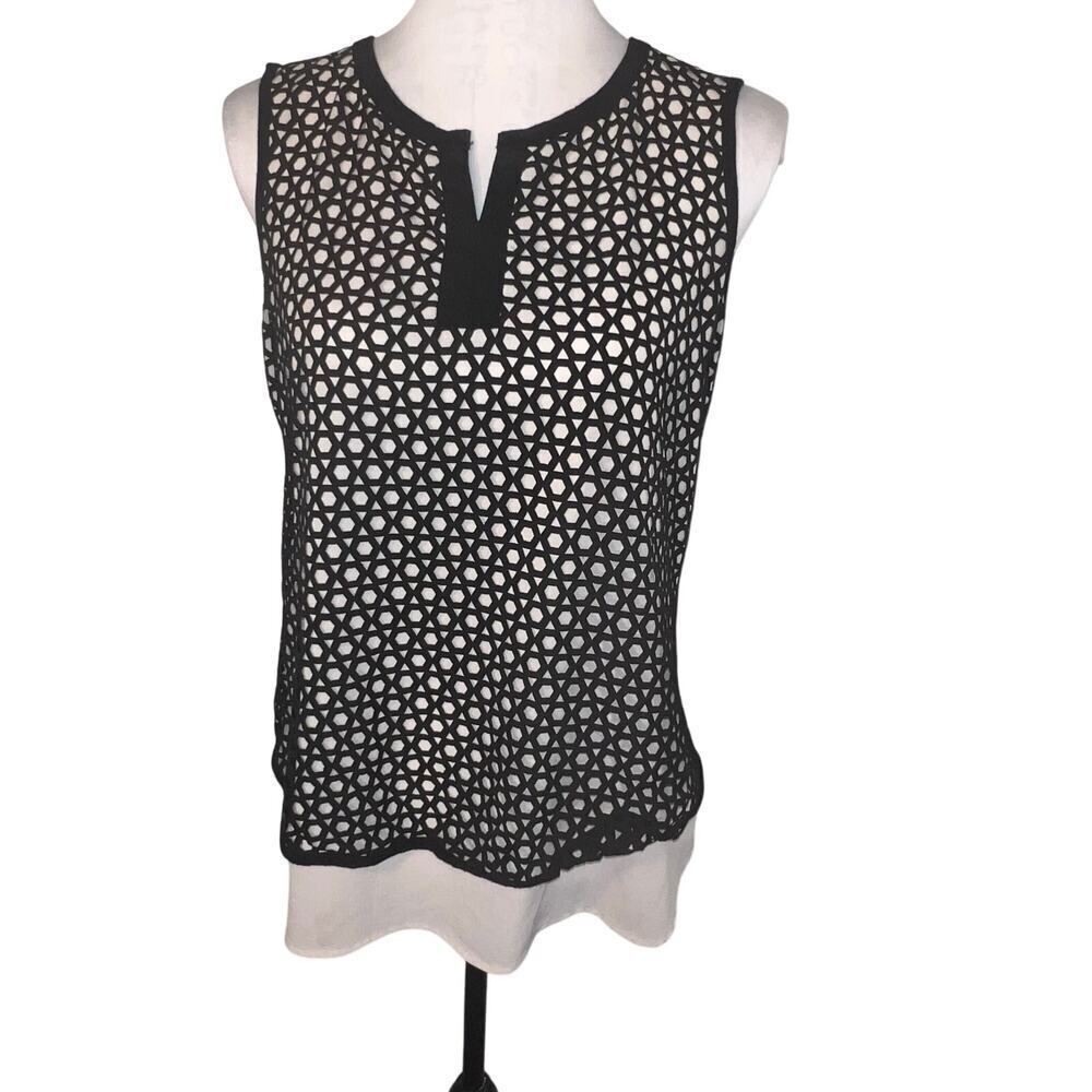 Roz & Ali Black Lace Over White Stretchy Sleeveless Y2K Blouse‎ Women's Size S